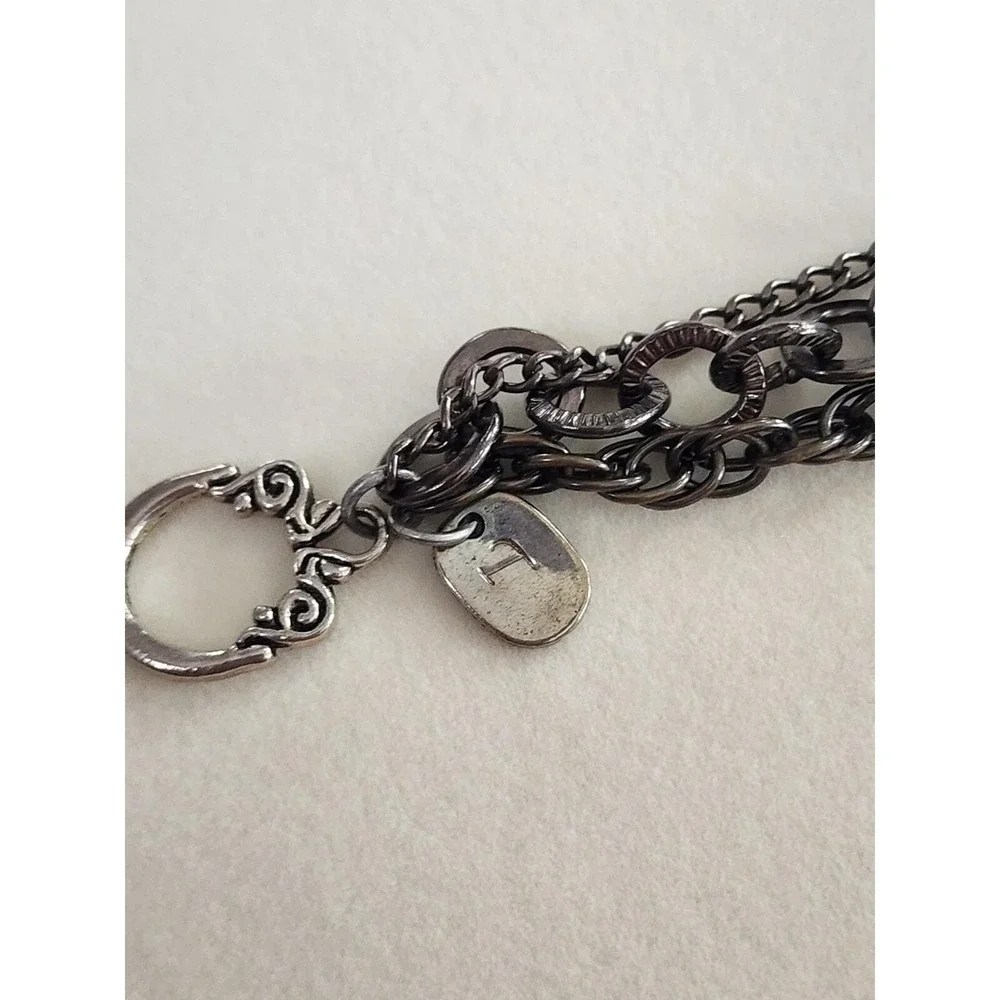 MADE WITH LOVE Signed T Charm Bracelet Multi-Strand Key Faux Pearl Gunmetal Grey